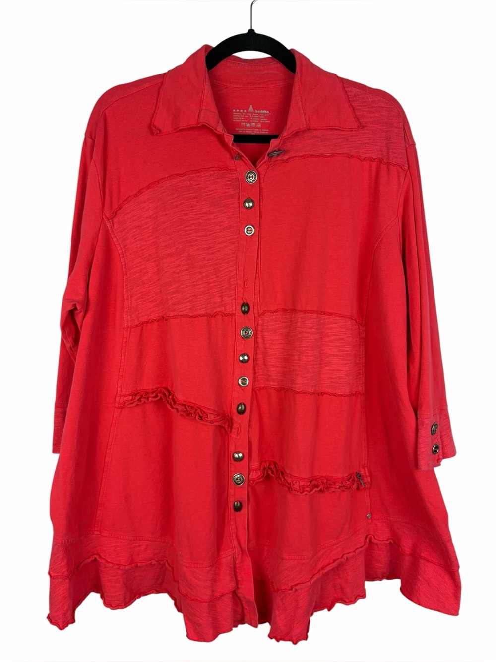 Neon Buddha Button Front Tunic Jacket Coral Red 2X Cotton Stretch Raw Edge Boho